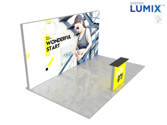 Stoisko targowe LUMIX™ 24 m² (6x4) półwysep - 1 trybunka